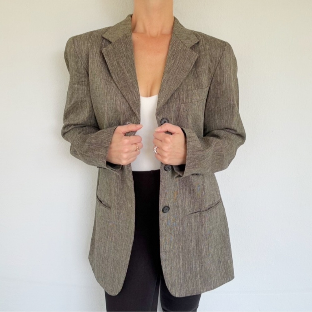 Vintage DKNY linen gray oversized longline triple button blazer jacket size 6